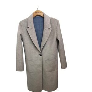 100% Virgin Wool Reversible Coat Womens 8 Grey Blue Long Jacket Blazer Classic